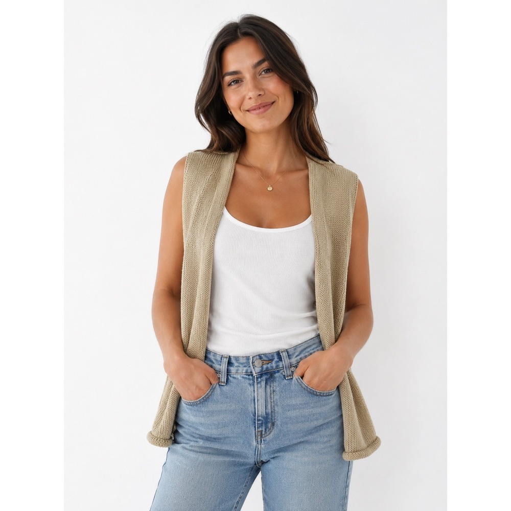 En El Mar Women XL Beige Cotton Chunky Knit Open Front Vest Made in Bali Tan
